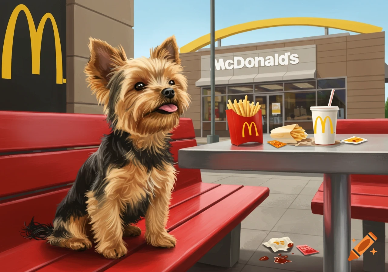 Illustrative image of a Yorkshire Terrier on a red bench outside McDonald's, with fries and a drink on a table.