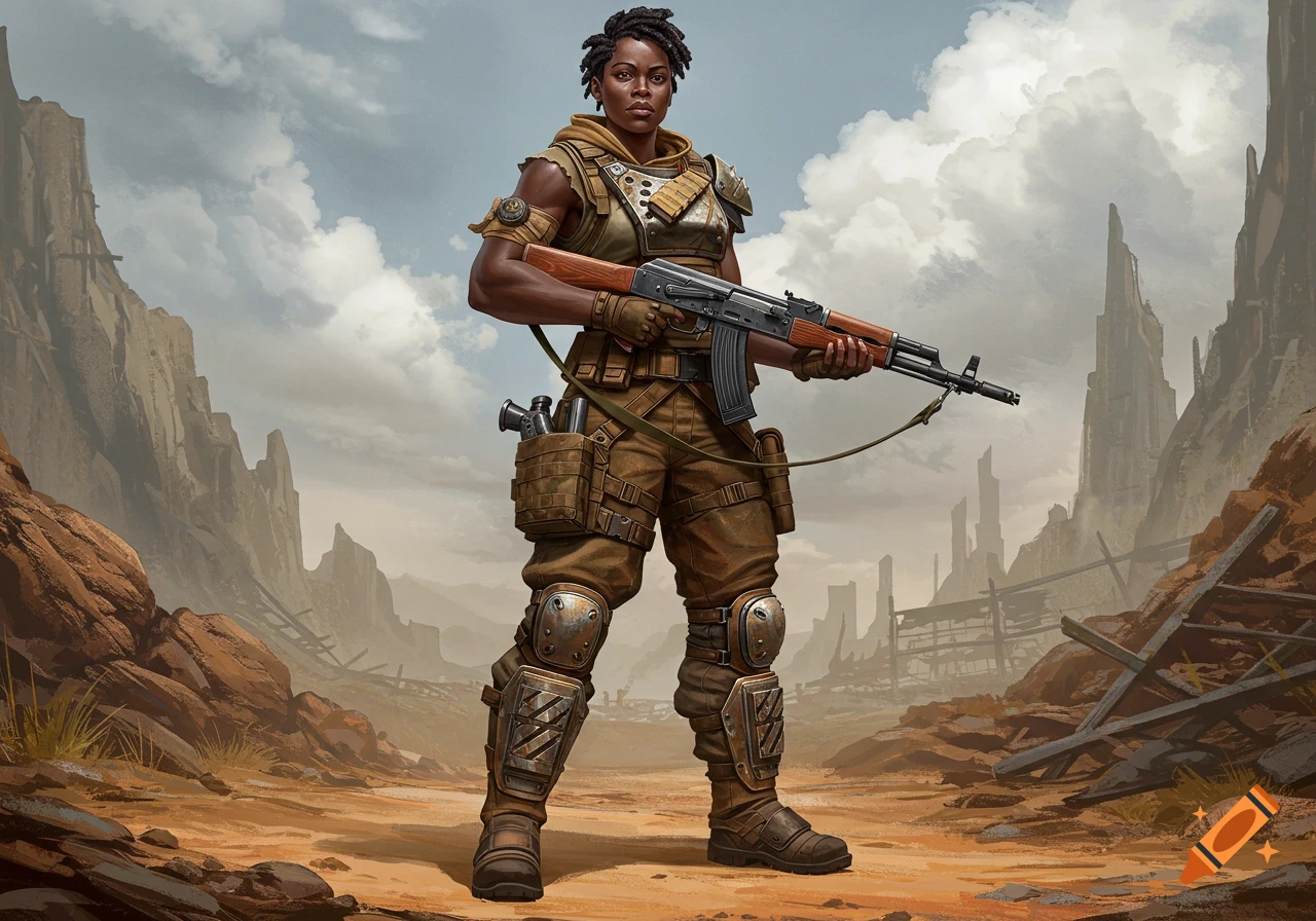 A muscular Black woman in desert combat gear holds an AK-47, standing in a desolate, rocky wasteland under a cloudy sky.