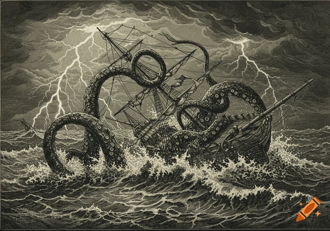 Black and white etching of a kraken with tentacles wrapped around a sailing ship during a stormy lightning sky.