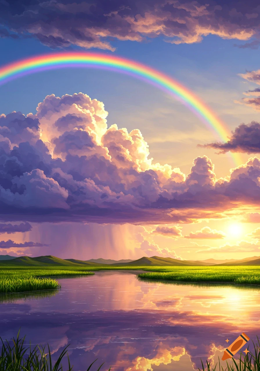 A vibrant rainbow arches over a calm river reflecting a dramatic sunset sky with colorful clouds and green hills.