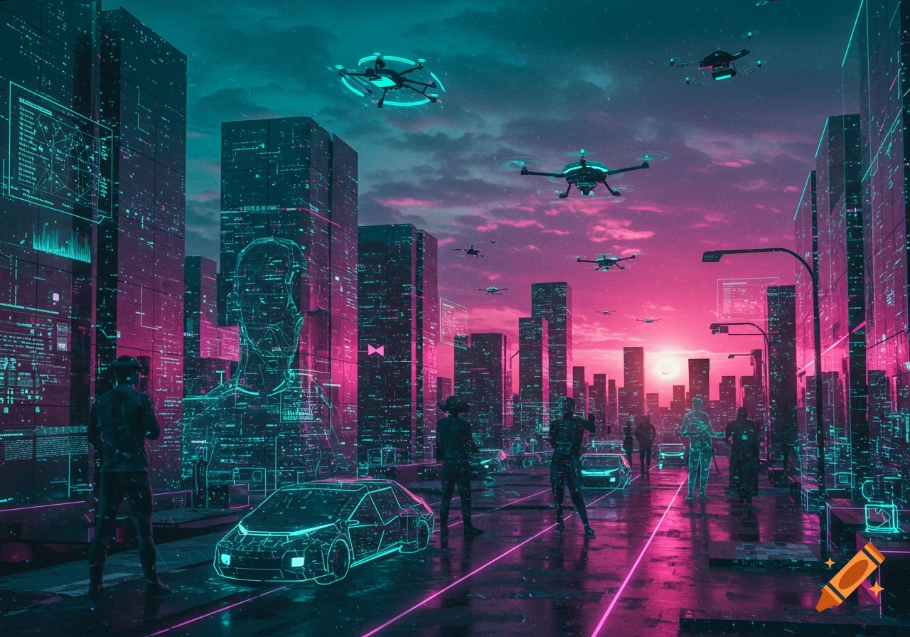 A vibrant cyberpunk cityscape at dusk with neon pink and teal lighting. Drones fly above, and wireframe cars and holographic figures are on the street.