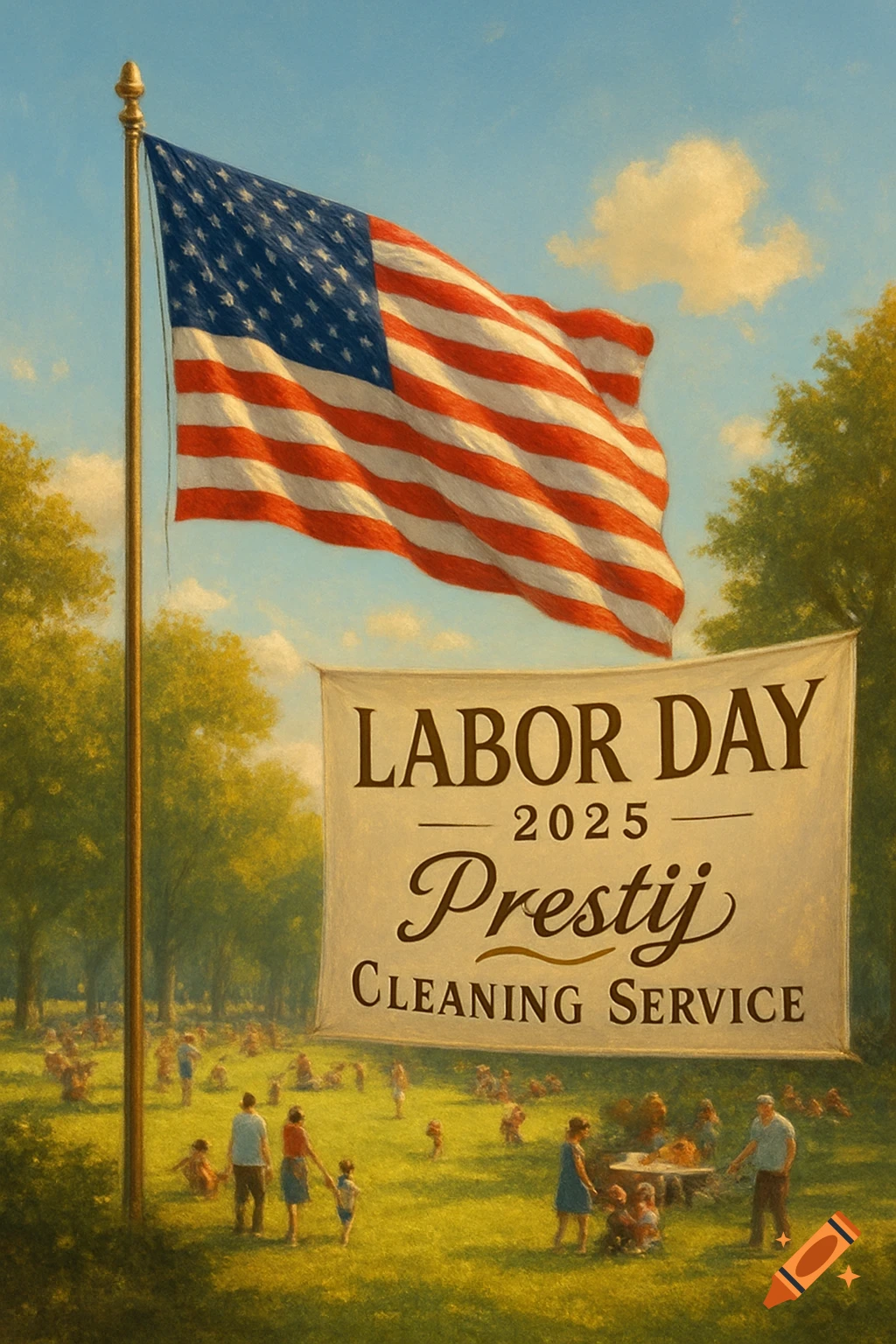 A painterly image of an American flag and a Labor Day 2025 banner over a busy park scene.
