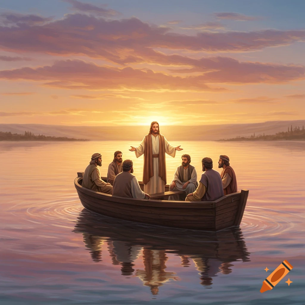 Illustration of Jesus standing in a boat with disciples on a calm sea at sunset, with a vibrant sky.