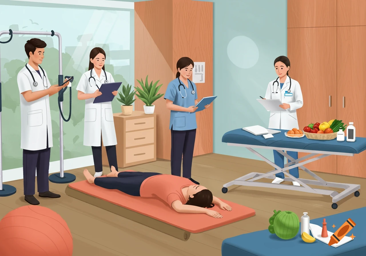 An illustration of four healthcare professionals in a clinic, with one patient lying on a mat, surrounded by medical equipment and healthy food.