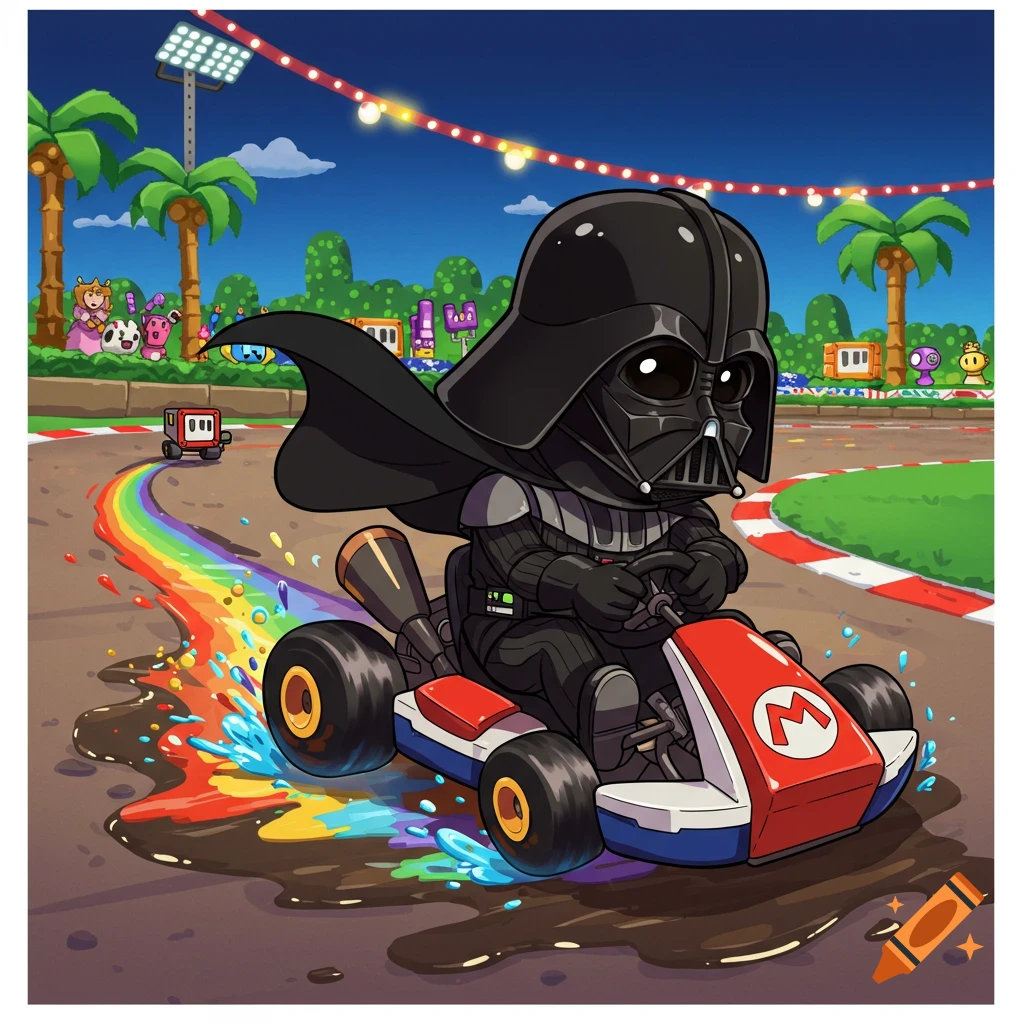 Cartoon chibi Darth Vader races a Mario Kart, splashing rainbow oil on a dirt track with palm trees.