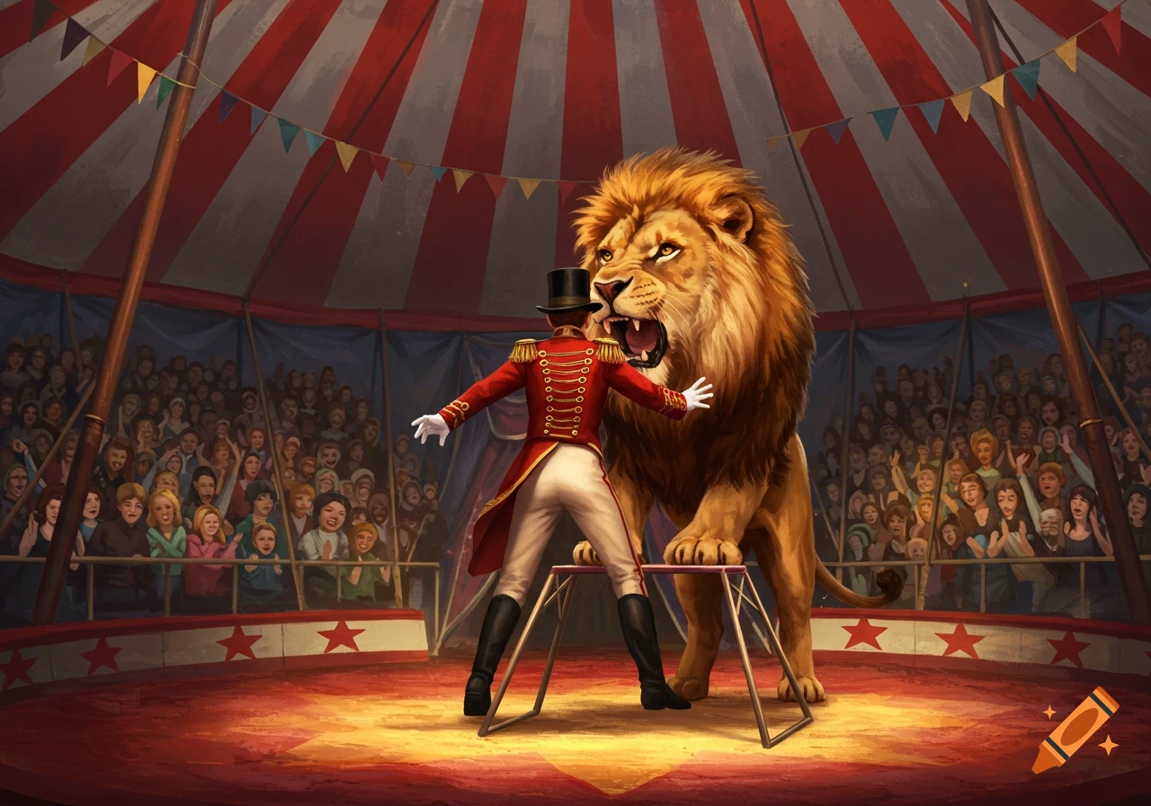 An illustration of a ringmaster facing a roaring lion on a platform in a circus tent, with an audience watching.
