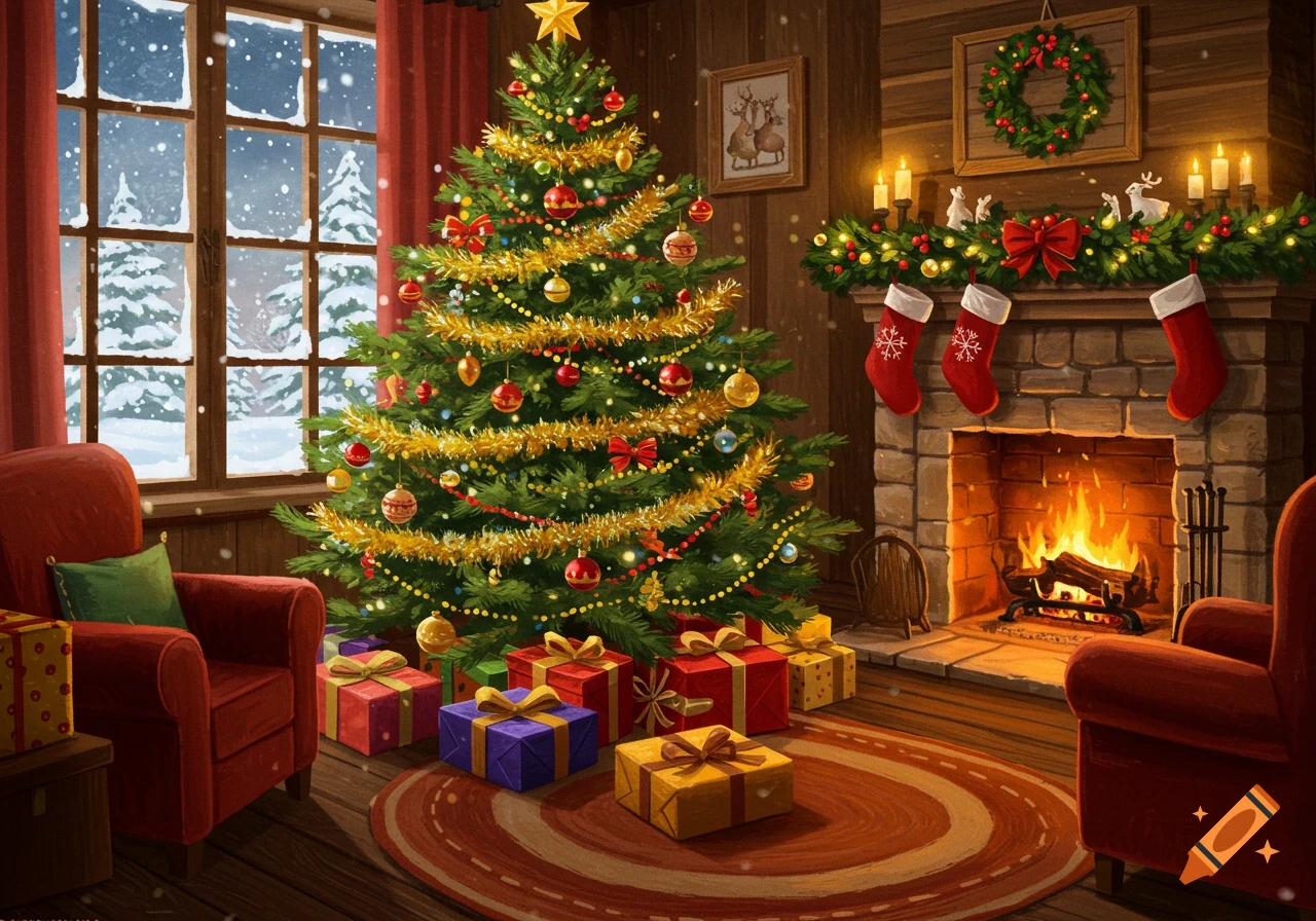 A festive Christmas living room with a decorated tree, a roaring fireplace with stockings, presents, and a snowy window view.