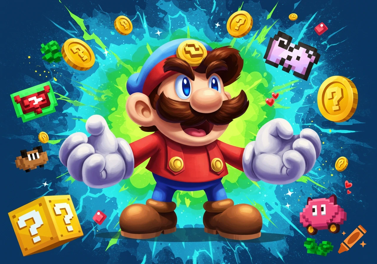 Cartoon Mario with a blue cap and red shirt, surrounded by golden coins and pixelated Super Mario items on a vibrant blue and green background.
