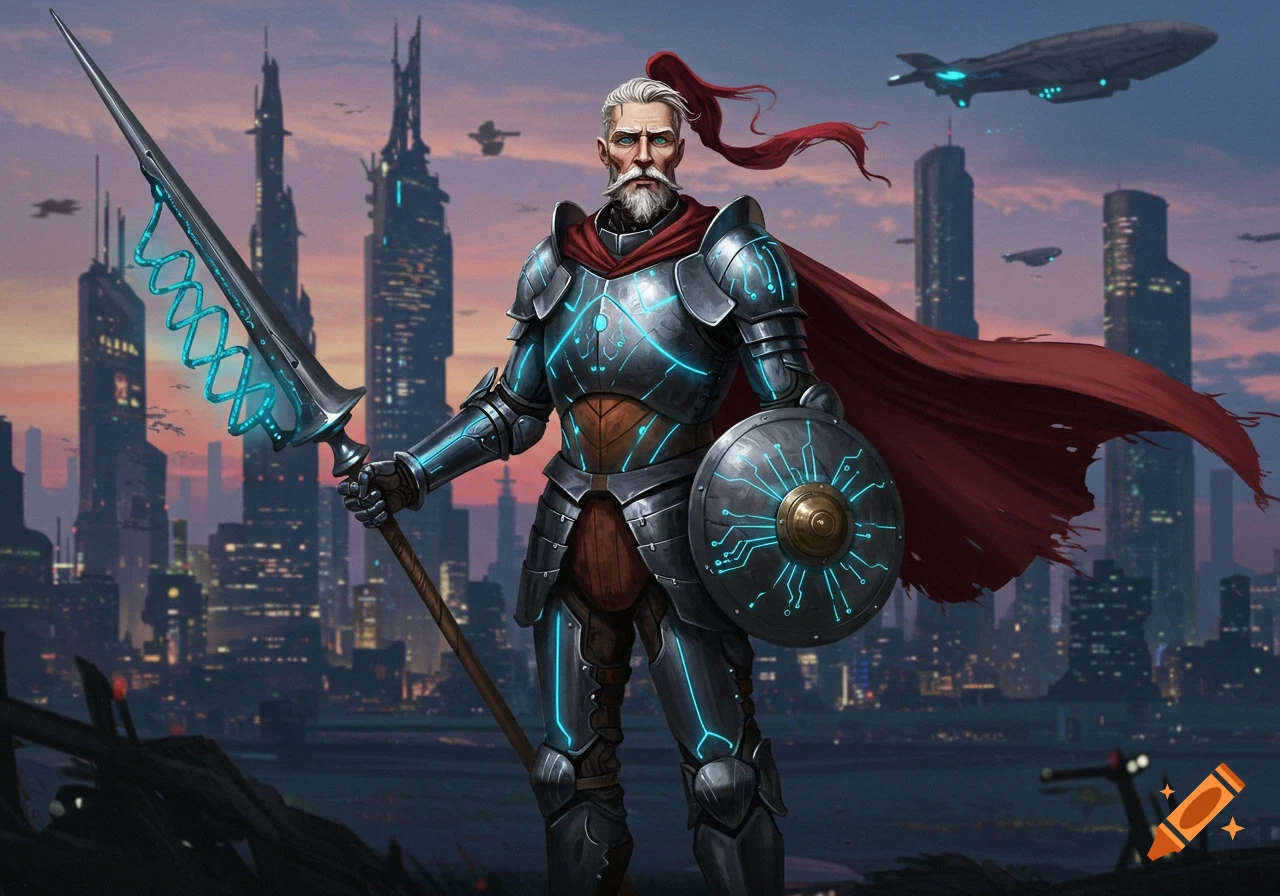A white-bearded man in glowing blue futuristic knight armor and a red cape holds a spear and shield, standing against a cyberpunk city sunset.