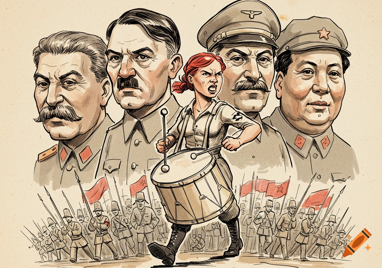 A satirical political cartoon shows a woman marching with a drum, flanked by caricatures of Stalin, Hitler, and Mao Zedong, with soldiers marching in the background.