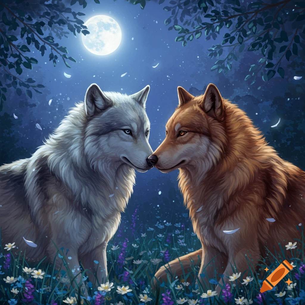 Two affectionate wolves, one grey and one brown, touch noses under a luminous full moon in a blue-lit forest with wildflowers.
