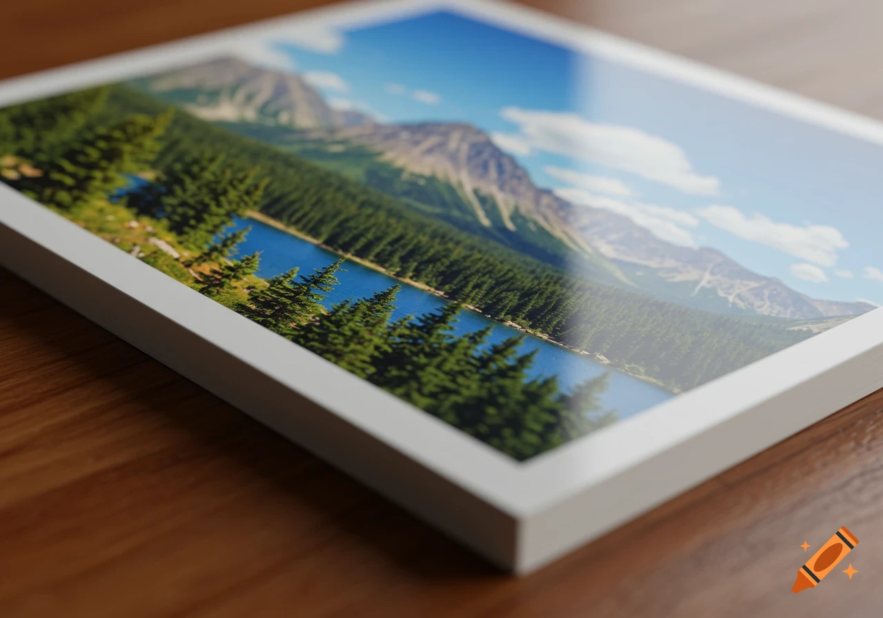 A framed photograph of a mountain lake surrounded by pine forests, resting on a wooden table.
