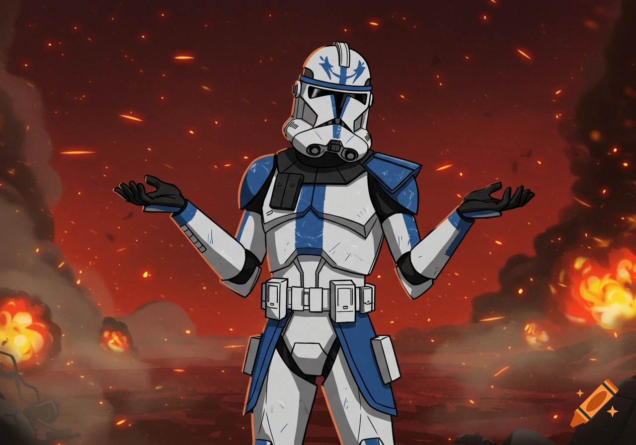 A Star Wars Phase 1 clone trooper in blue and white armor shrugging against a fiery background of explosions in an animated style.