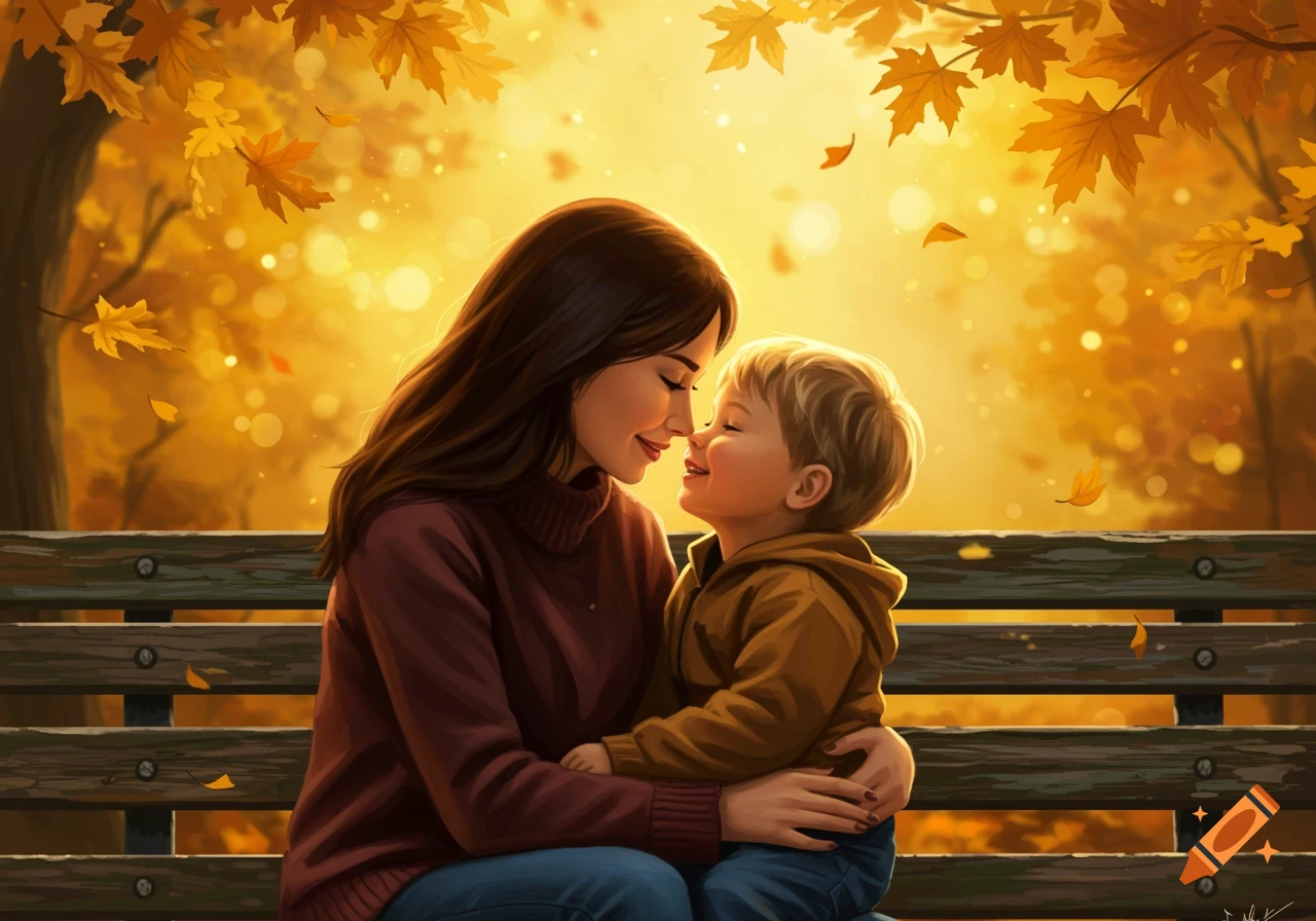 An illustration of a mother and son lovingly touching noses on a park bench surrounded by golden autumn leaves.