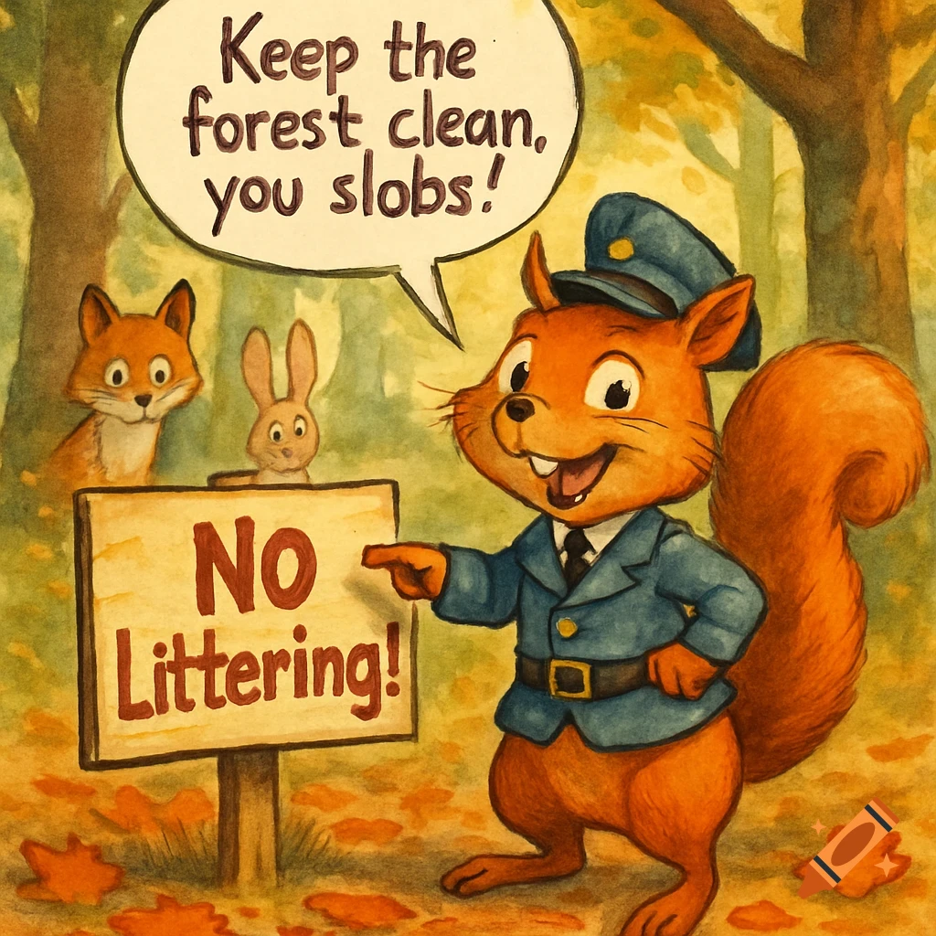 A funny watercolor illustration of a squirrel in a park ranger uniform pointing at a 'NO Littering!' sign in a forest, with a fox and rabbit. A speech bubble says 'Keep the forest clean, you slobs!'