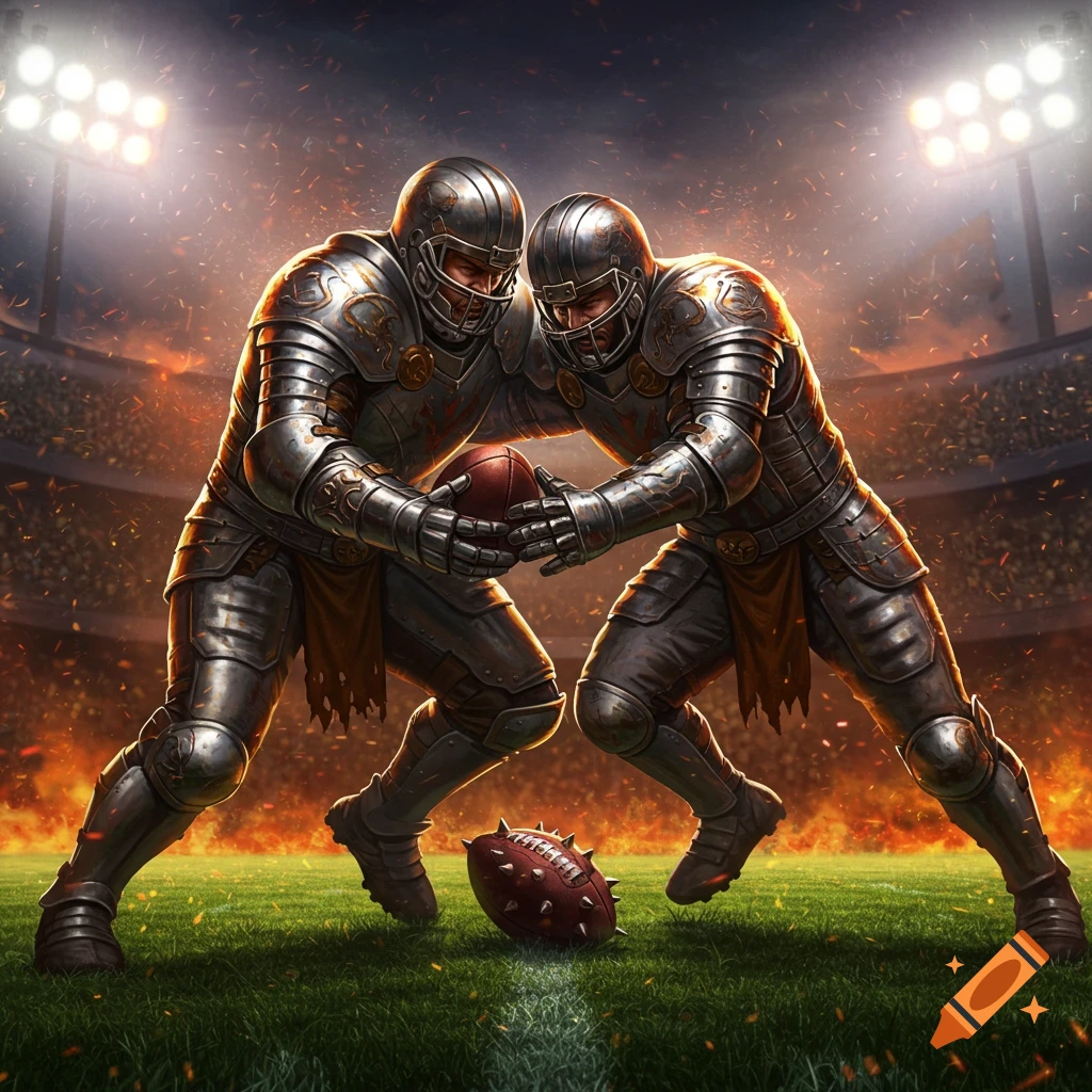 Two armored knights playing American football in a stadium with fiery embers, a spiked football on the ground.