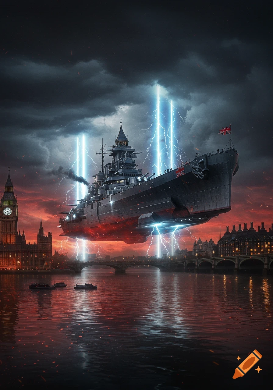 A giant flying battleship hovers over London's River Thames, with Big Ben and Parliament visible, under a dark, stormy sky with lightning.