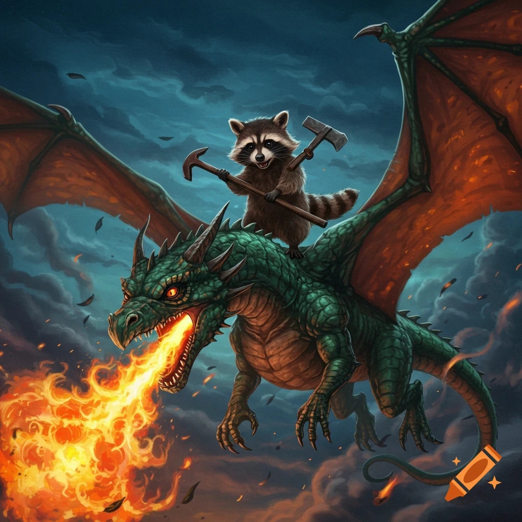 A mischievous raccoon holding a claw hammer and a small axe rides a green fire-breathing dragon through a stormy, fire-lit sky, digital art.
