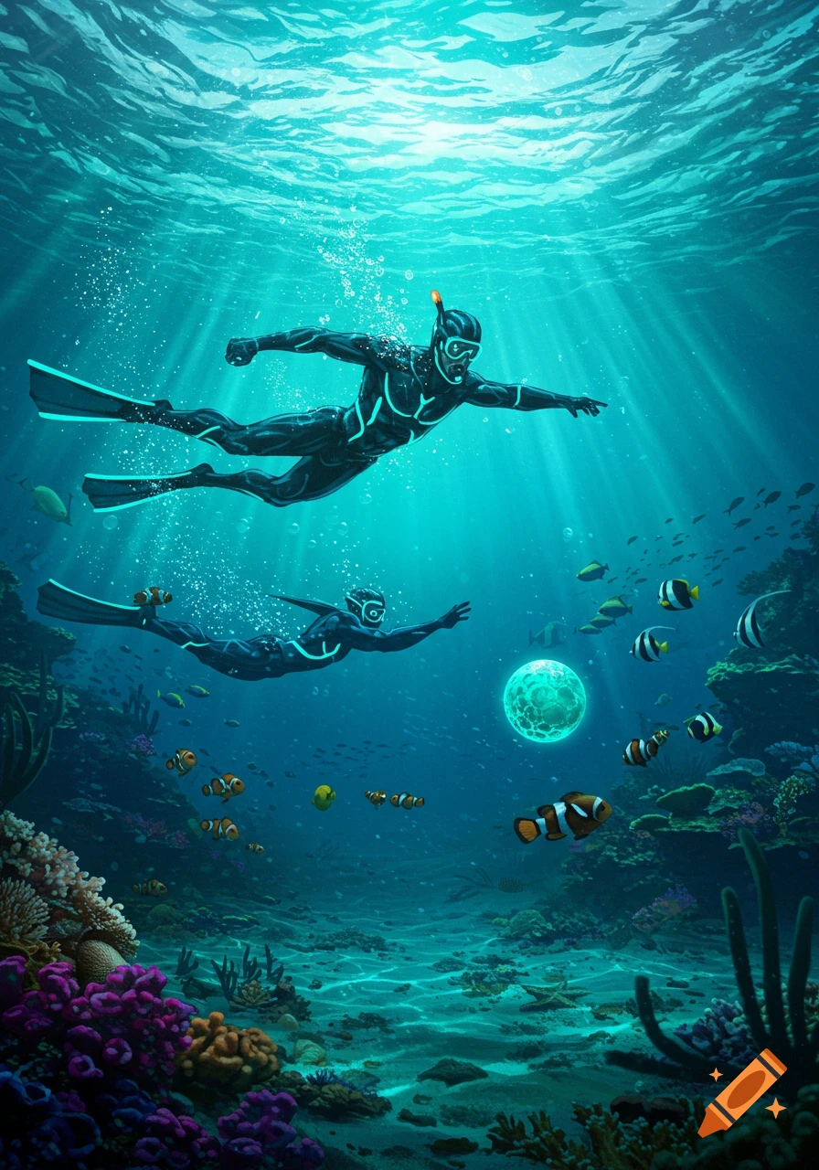 Two futuristic divers in glowing suits explore a vibrant coral reef filled with fish and a mysterious glowing orb underwater.