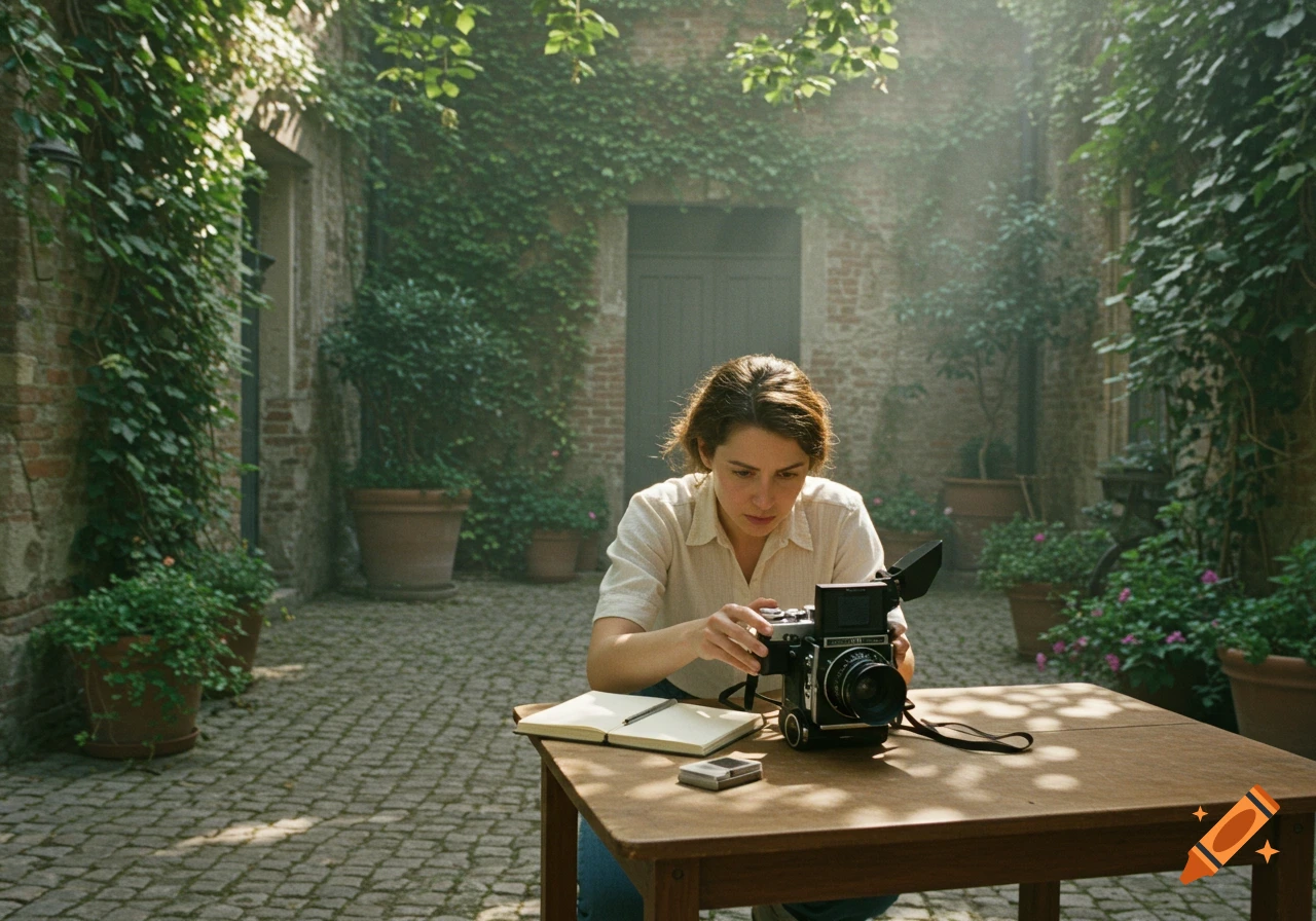A woman adjusts a vintage-style camera at a wooden table in a sunlit, ivy-covered courtyard, with an open notebook nearby.