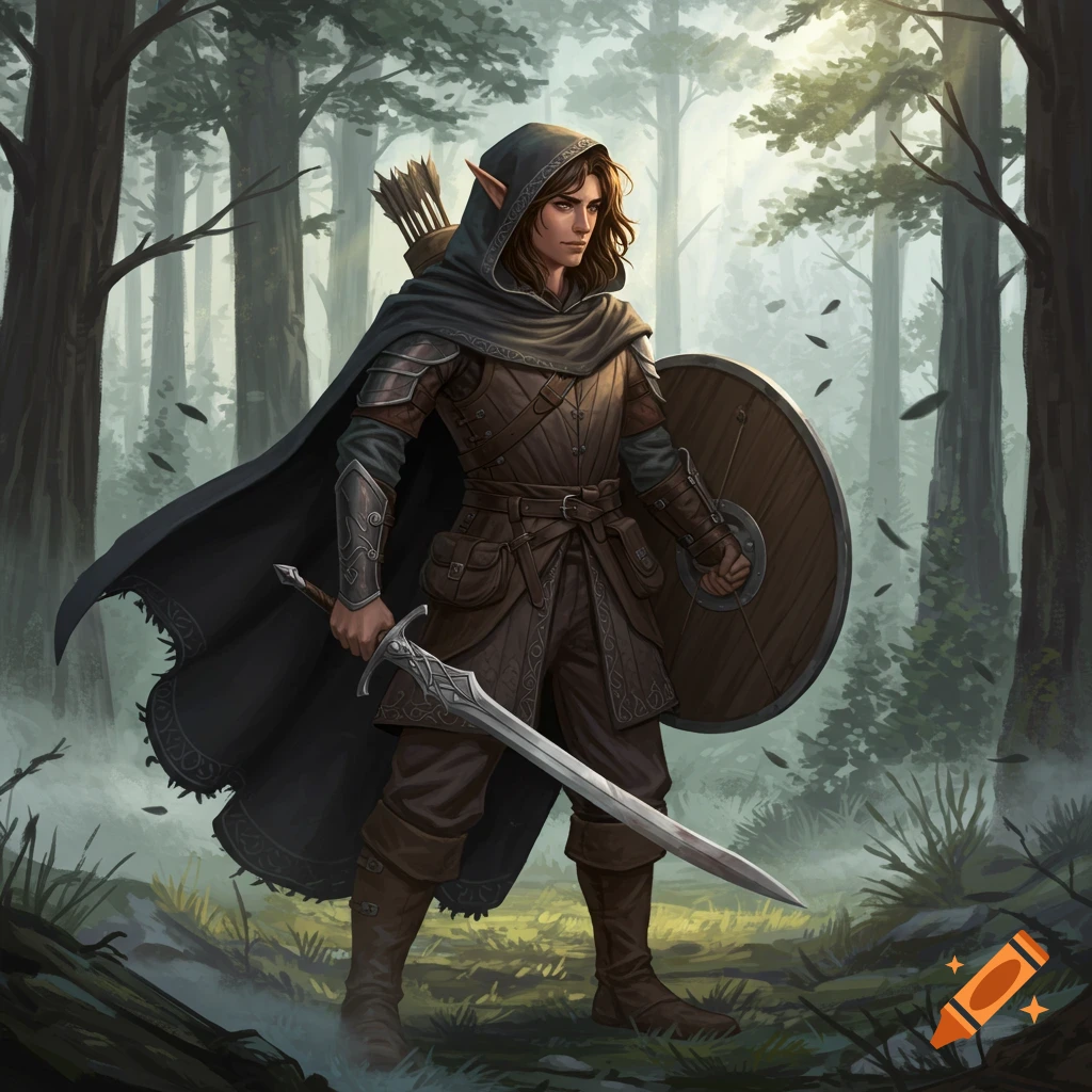 A young male half-elf ranger with long brown hair, wearing a hooded cloak, armor, and a quiver, holds a sword and shield in a misty forest.