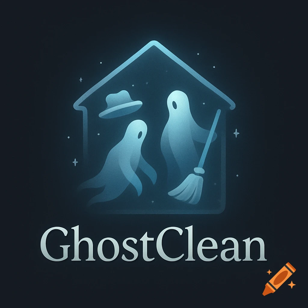 Stylized logo for 'GhostClean' with two blue ghosts, one with a broom, in a glowing house outline on a dark background.