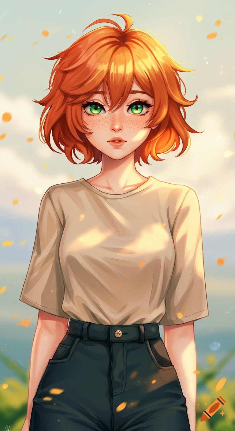 Anime-style portrait of a woman with short orange hair, green eyes, and freckles, wearing a beige t-shirt and dark pants, against a bright sky.