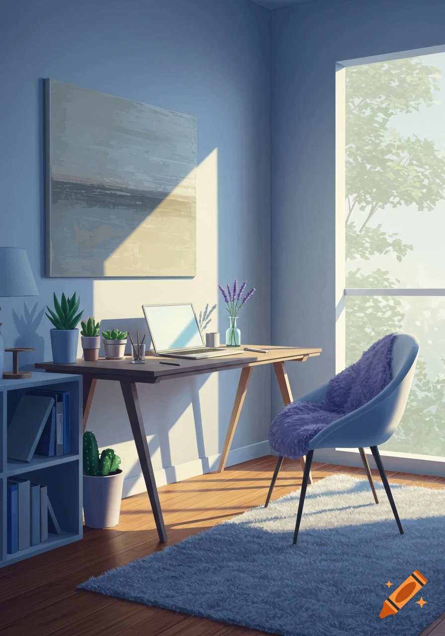 A bright, minimalist office space illustration with a wooden desk, laptop, potted plants, and a purple fuzzy chair next to a large window.