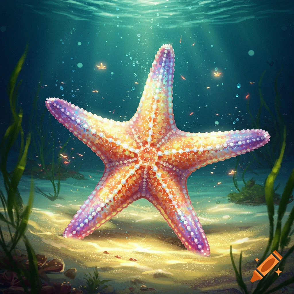 A vibrant rainbow-colored starfish rests on the sandy ocean floor with light filtering from above.