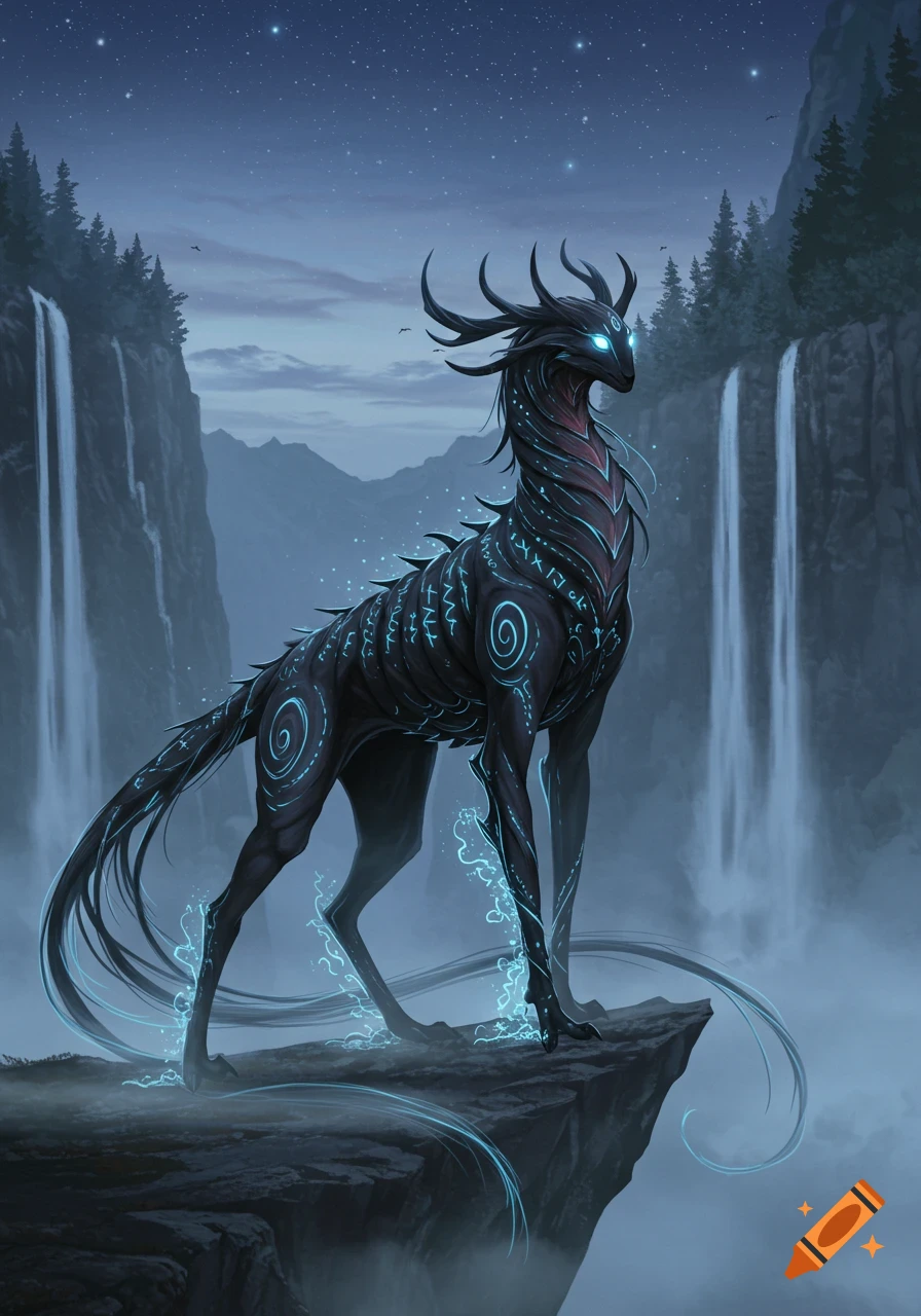 A glowing black fantasy creature with antlers and blue mystical markings stands on a cliff overlooking waterfalls under a starry night sky.