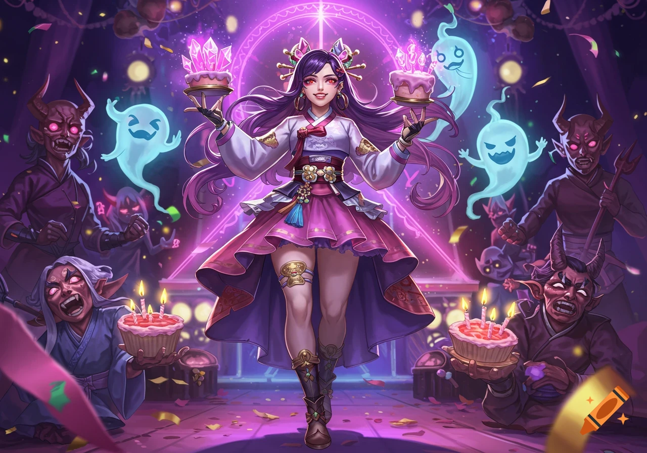 K-pop-style girl with purple hair holds cakes, surrounded by cartoonish demons and ghosts at a vibrant, neon-lit fantasy birthday party.