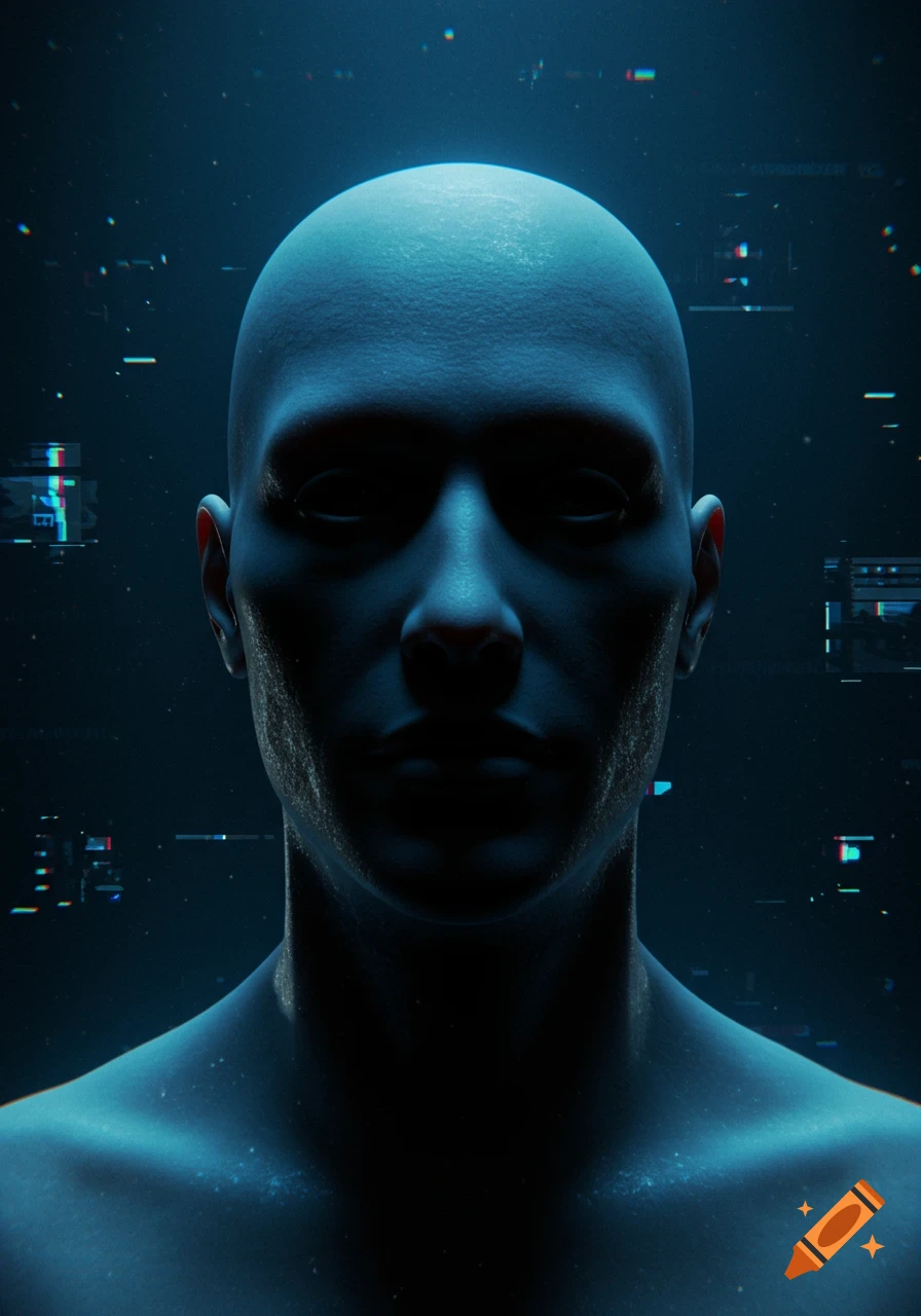 Close-up of a bald, androgynous figure with glowing blue light on a dark background, surrounded by digital glitch effects.