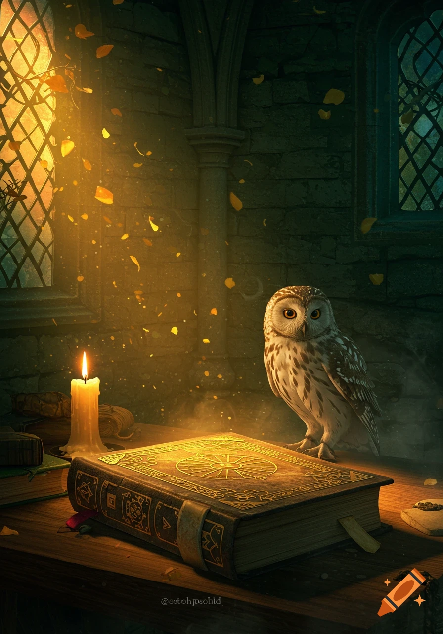 An owl beside a glowing, ornate book and a lit candle in a magical, sunlit stone room with floating golden particles.