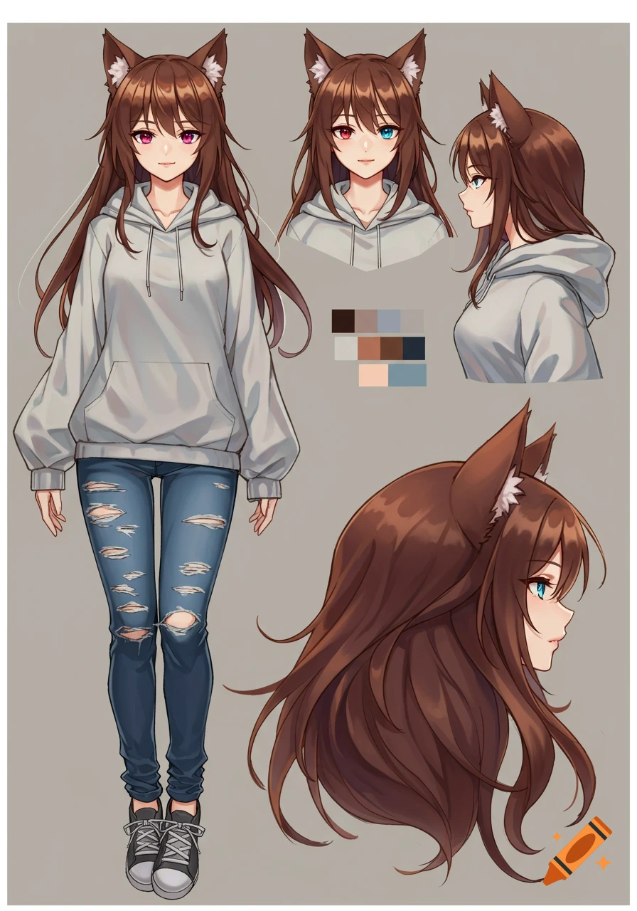 Anime character sheet: a woman with brown hair, neko ears, heterochromatic eyes, gray hoodie, ripped jeans, and sneakers.