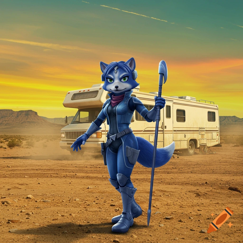 Krystal from Star Fox, a blue anthropomorphic fox, stands in a desert with a white RV, holding a staff under a sunset sky.