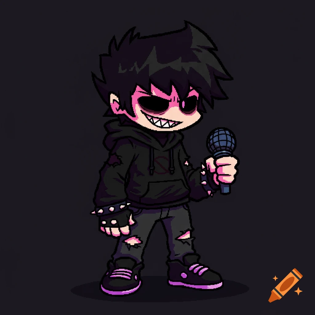 A pixel art style cartoon character, a black-haired boy with dark hollow eyes and sharp teeth, wearing a black hoodie and ripped jeans, holding a microphone.