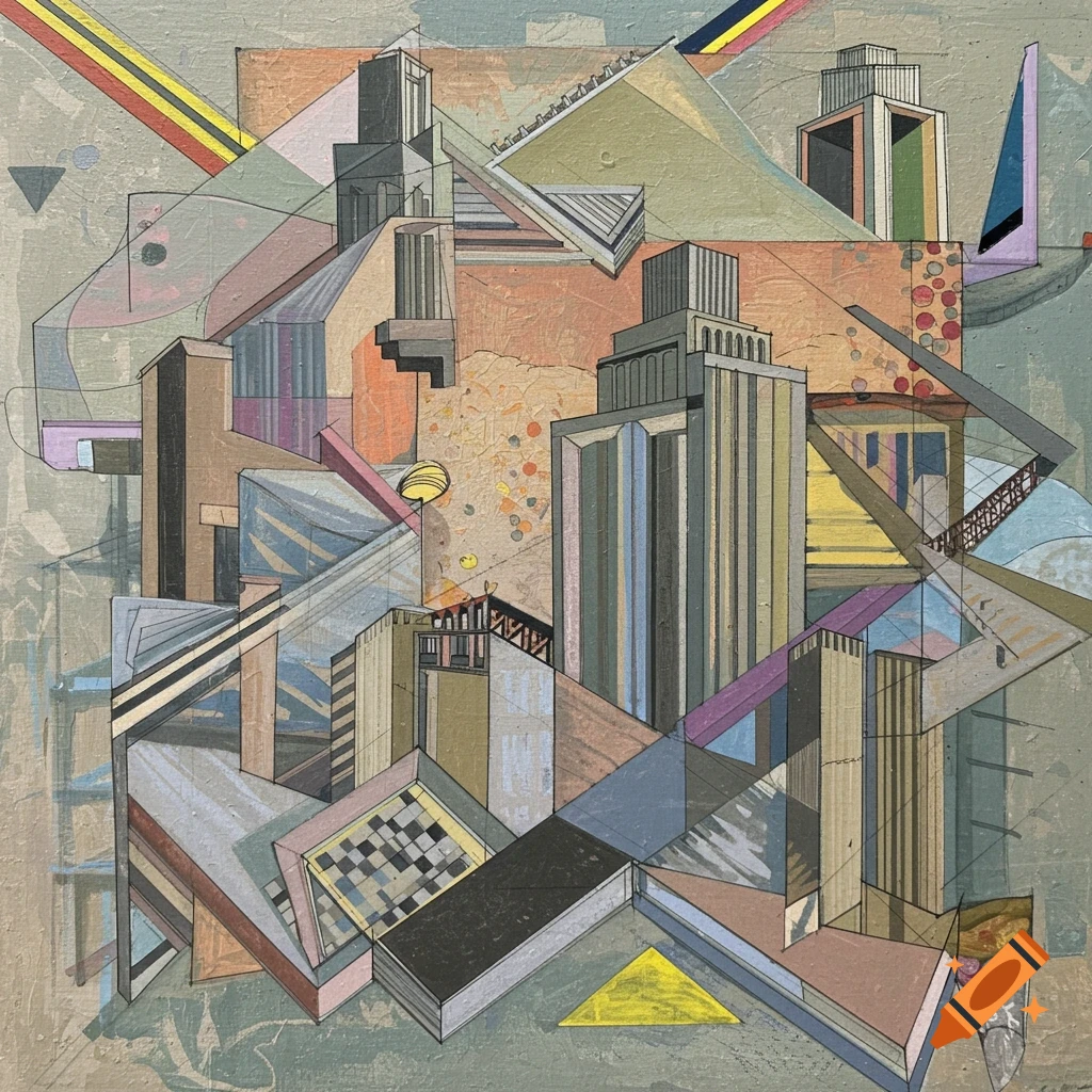 Abstract geometric painting with pastel colors and sharp outlines, depicting deconstructed architecture and various shapes.