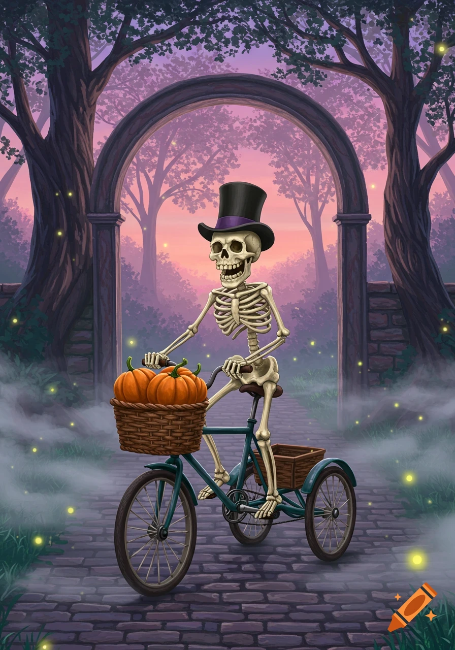 A smiling skeleton in a top hat rides a three-wheeled bicycle with a basket of pumpkins through a mystical archway at sunset, illustration.