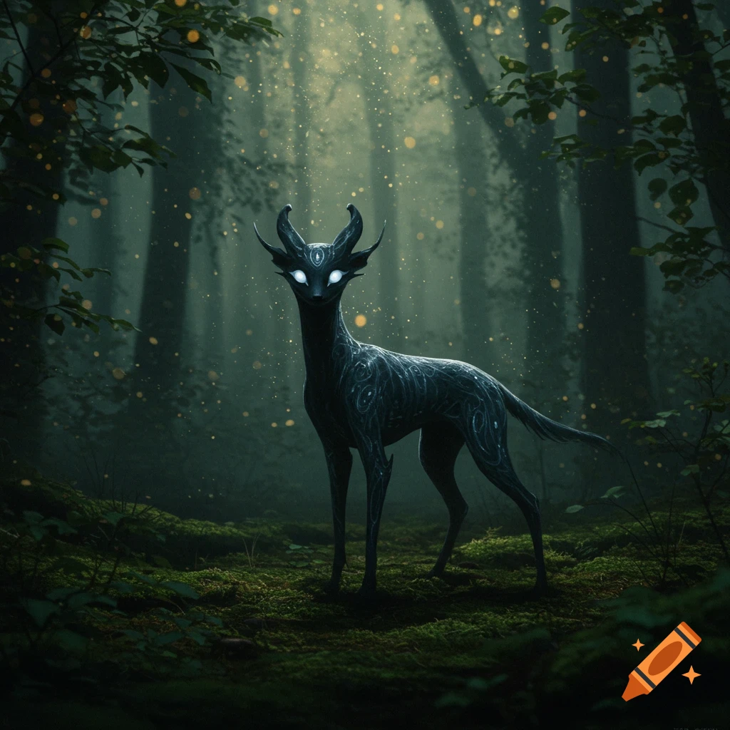 A dark, ethereal deer-like creature with glowing eyes and intricate patterns stands in a mystical, mossy forest with shimmering light.