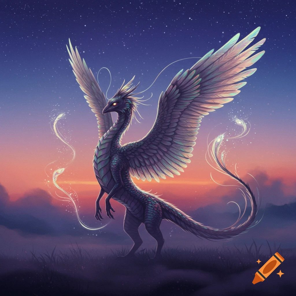 Majestic winged creature with glowing eyes standing on a grassy plain against a cosmic sunset sky.