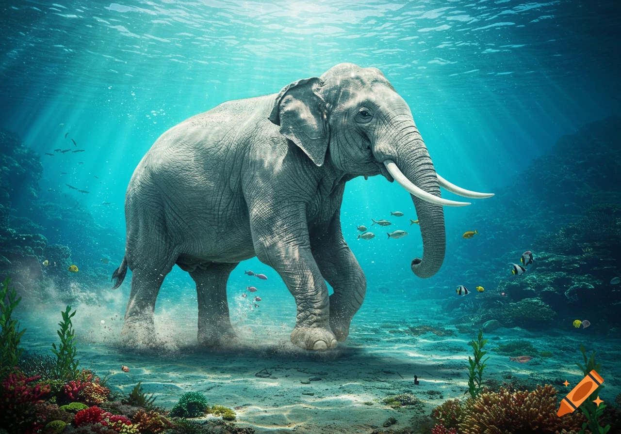Photorealistic elephant walks on the sandy ocean floor surrounded by coral and fish under sunlit blue water.