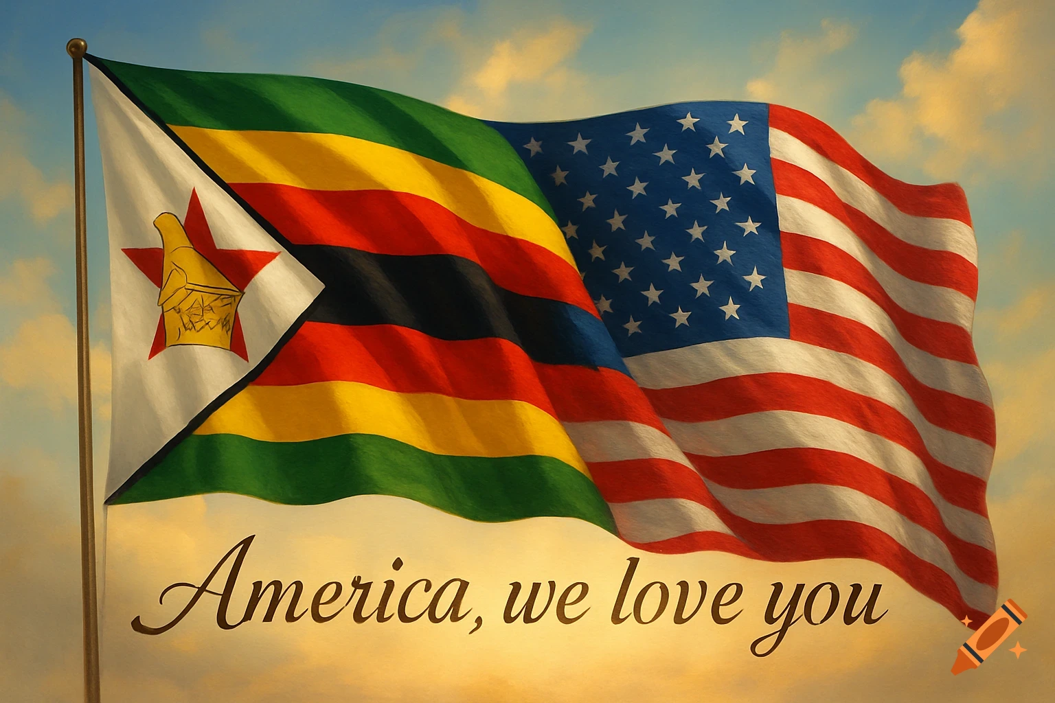 Zimbabwean and American flags waving together in a sunny sky with the text 'America, we love you'.