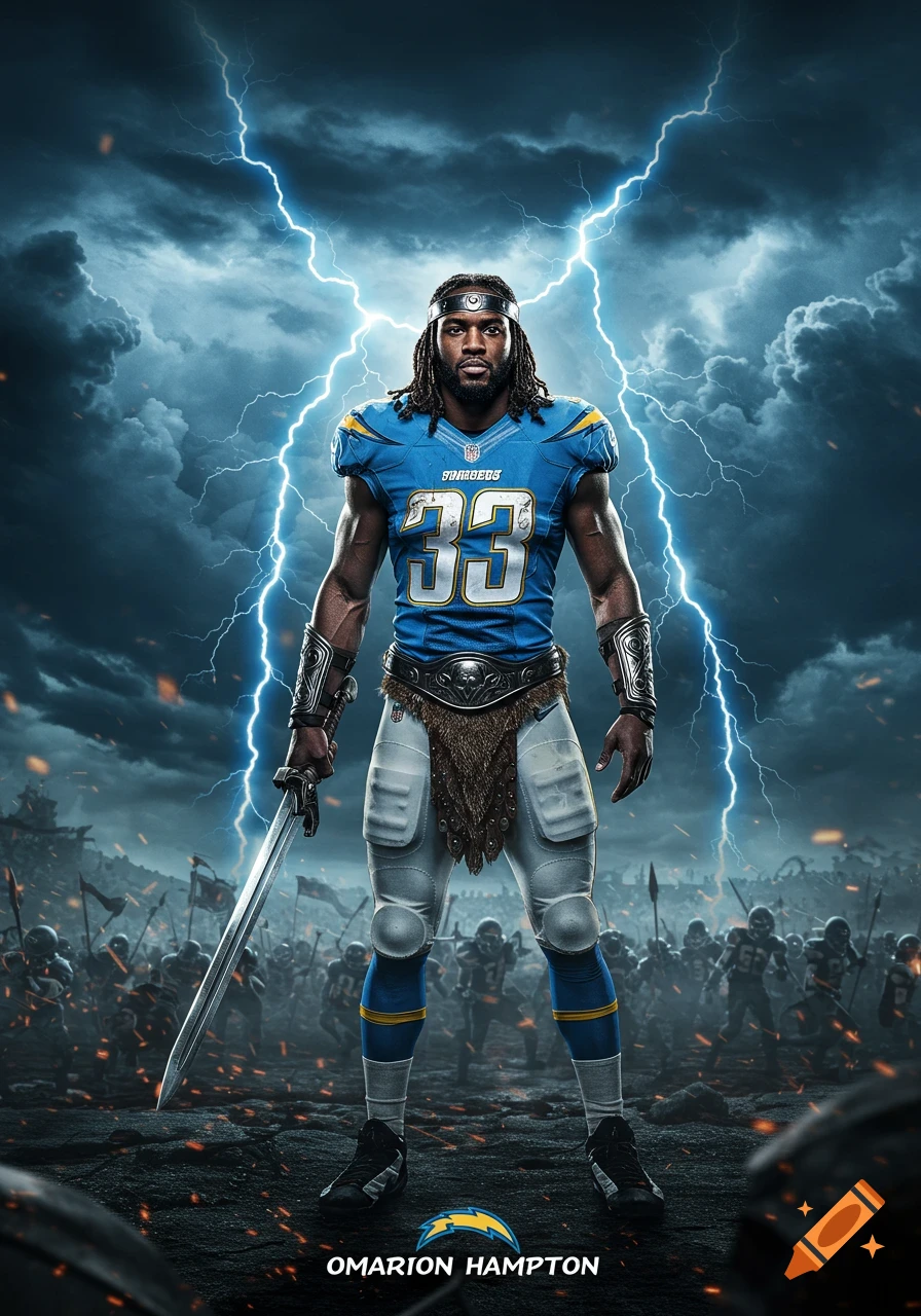 Omarion Hampton in a Chargers football jersey and barbarian armor, holding a sword under lightning in a stormy sky with warriors.