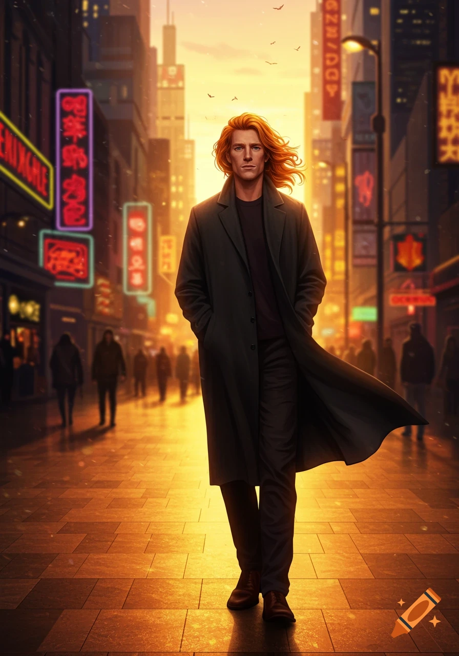 A man with flowing red hair and a dark trench coat walks down a bustling city street at sunset, with neon signs glowing in the background.