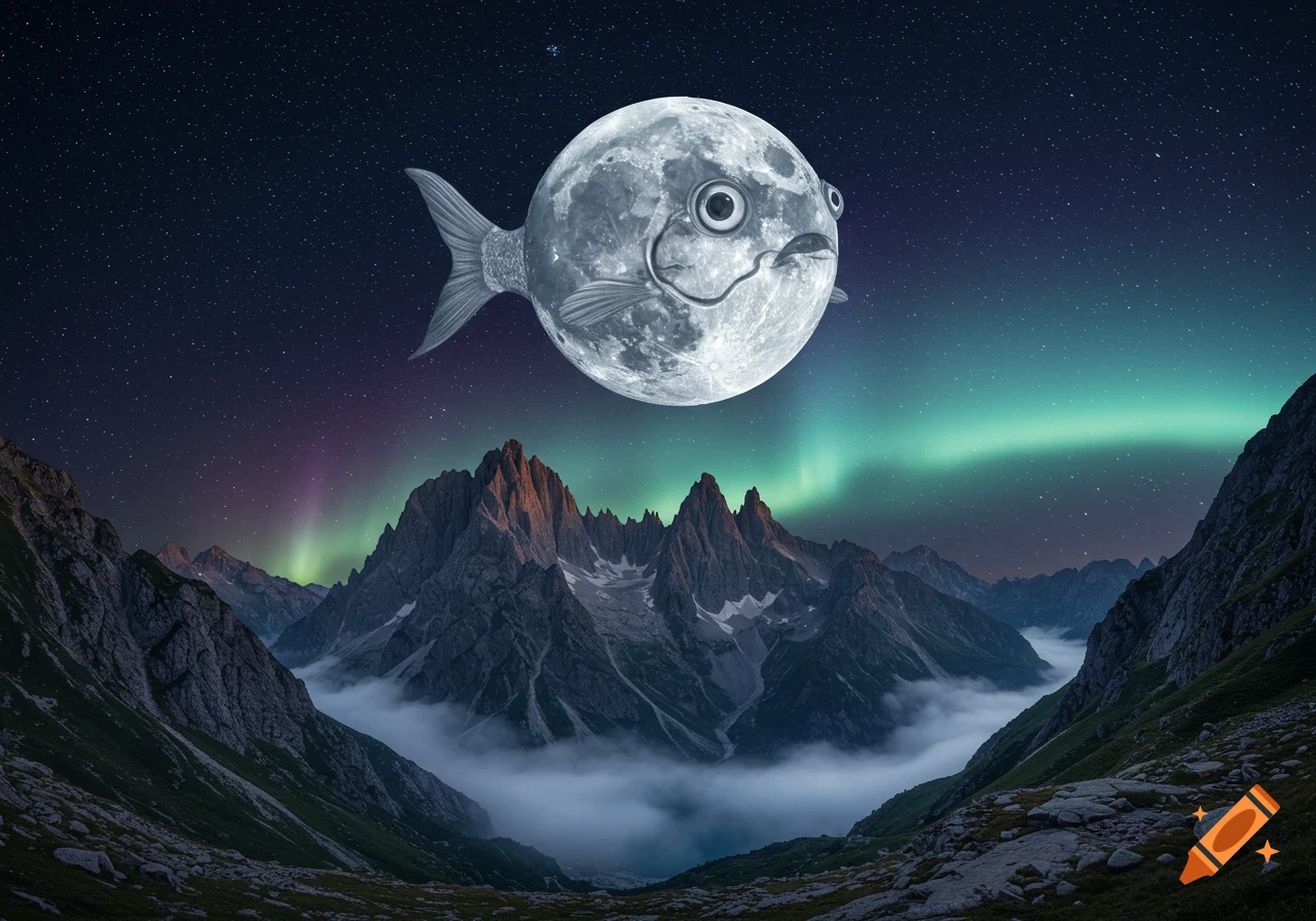 A surreal fish-shaped moon floats above a mountain range with swirling aurora borealis in the night sky.
