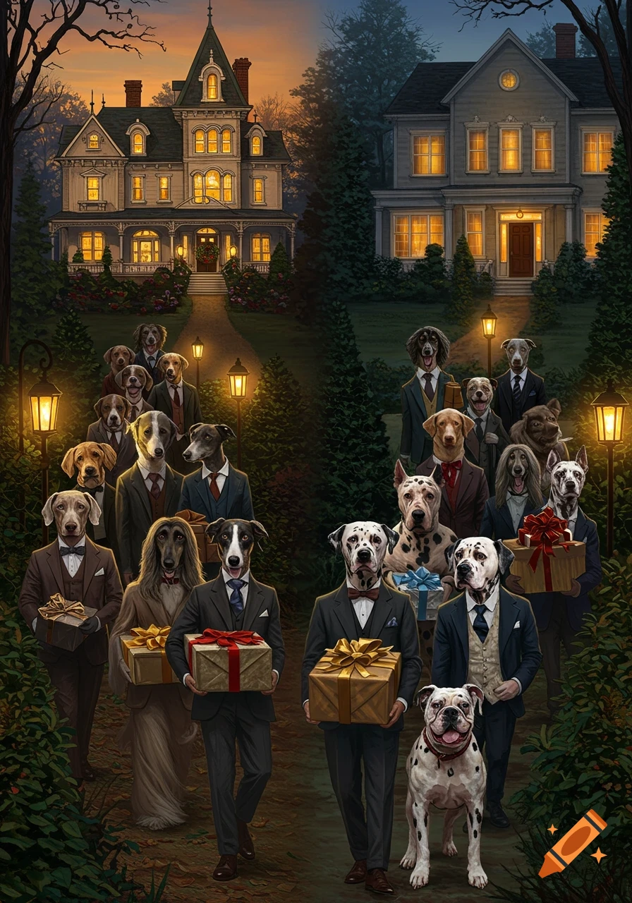 Well-dressed dogs carrying gifts walk on a lantern-lit path towards two illuminated grand houses at dusk in a whimsical illustration.