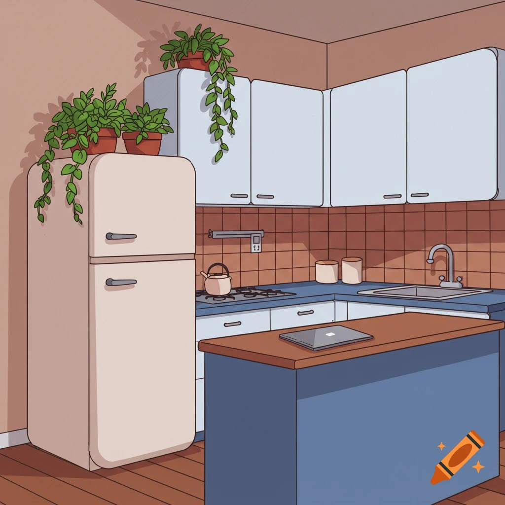 A cozy 2D cartoon kitchen with a fridge, plants, white cabinets, blue counter, brown backsplash, and a laptop on an island.
