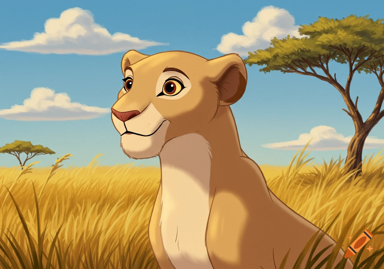 A smiling, tan lioness in old Disney animation style, sitting in tall golden grass under a bright blue sky.
