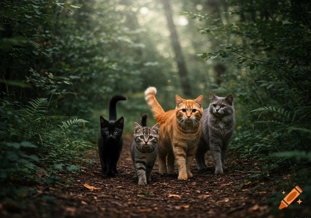 Four black, tabby, orange, and grey cats walk side-by-side on a forest path. Photorealistic.