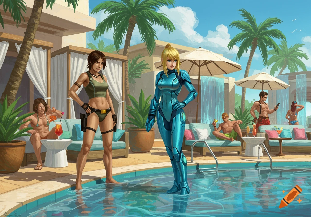 Digital illustration of Lara Croft and Samus Aran at a sunny resort pool party with palm trees and other guests.